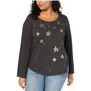 Style & Co Gray Lightweight Sweater W Gold, Silver, And Rose Gold Sequin Stars